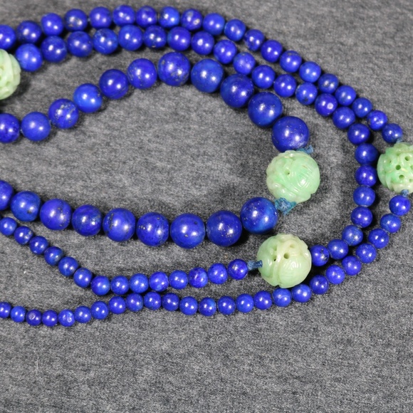 vintage long genuine green jade and lapis beaded necklace with 14K clasp - Picture 10 of 12